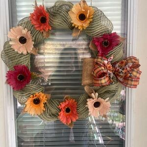 21” Fall Floral Wreath with Green burlap and Multicolor Flowers